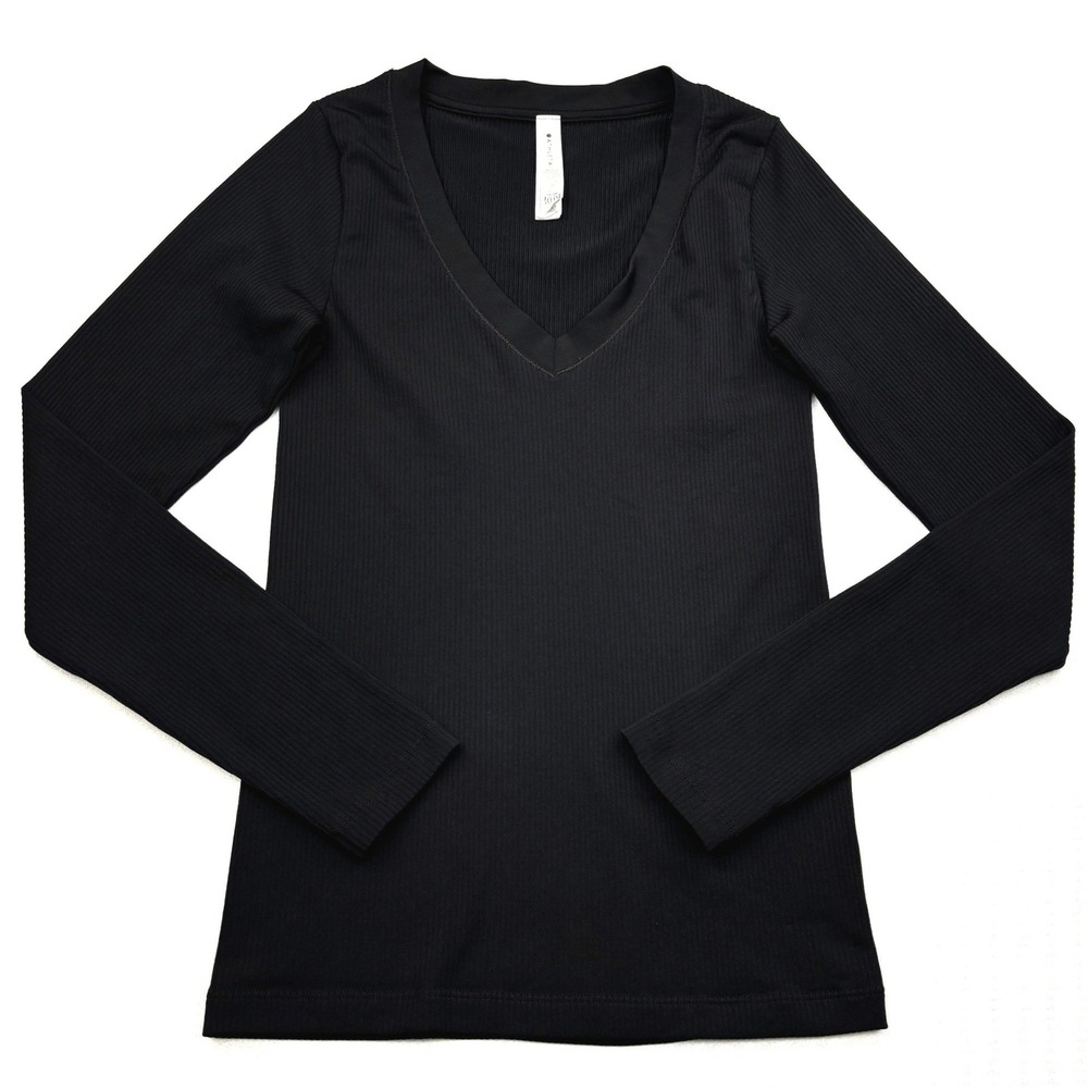 Athleta Shirt Womens XS Black Ribbed Knit Long Sleeve Deep V Neck Stretch Top